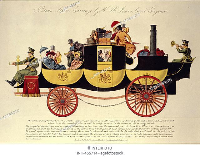 Verkehr hist.- Dampfkutsche, Dampfwagen von William Henry James, kolorierte Lithographie gedruckt bei James Adcock, London, April 1828, Kutsche, Dampfkraft