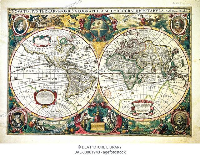 Cartography, 17th century. Nova totius Terrarum Orbis Geographica ac hydrographica tabula, by Henricus Hondius, Amsterdam, 1630