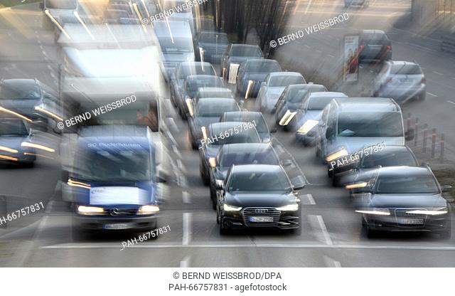 Cars driving by the Neckartor in Stuttgart, Germany, 17 March 2016. Fine dust pollution at this busy crossing often reaches peek levels
