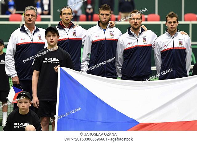 Czech team poses prior to the first match, Czech tennis player Lukas Rosol against Australian Thanasi Kokkinakis, of Davis Cup first round Czech Republic vs...