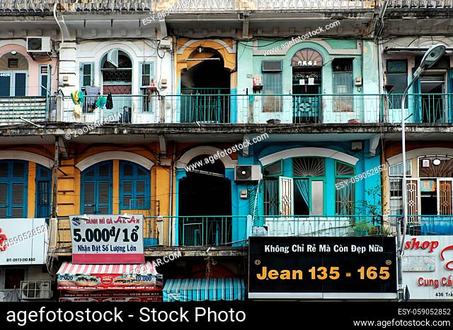 HO CHI MINH CITY, VIET NAM- APRIL 18, 2017: Close up of front of building at Cho Lon, amazing ancient architecture of old house at China town, Vietnam