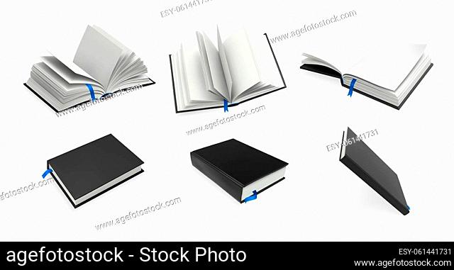Realistic books set. Collection of mockups realism style drawn antique opened and closed textbooks with empty pages. Illustration of fiction or poetry paper...