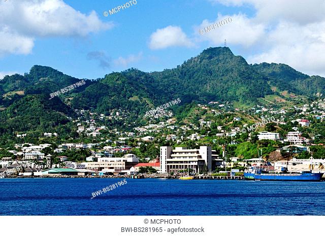 view from the sea at the harbour and the houses at the mountain slope, Saint Vincent and the Grenadines, Kingstown
