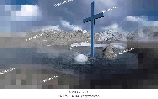 Wooden cross in winter made in 3d software
