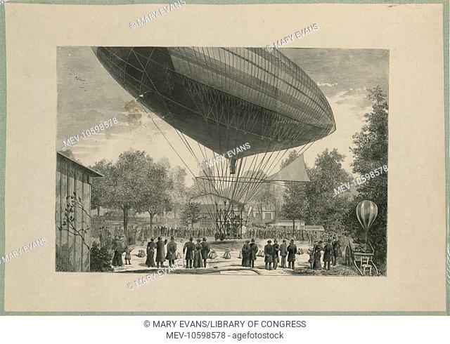 Airship powered by an electric motor developed by Albert and Gaston Tissandier departing from Auteuil, Paris, France, October 8, 1883. Date 1883
