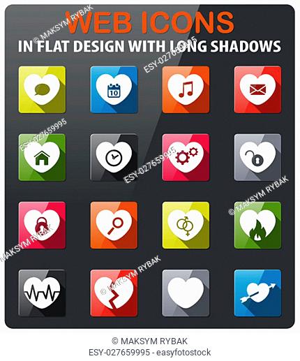 Heart icons set in flat design with long shadow