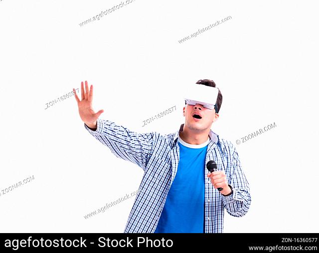 The young man wearing virtual reality vr glasses