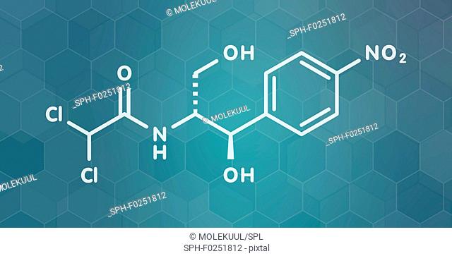 Chloramphenicol antibiotic drug molecule. White skeletal formula on dark teal gradient background with hexagonal pattern