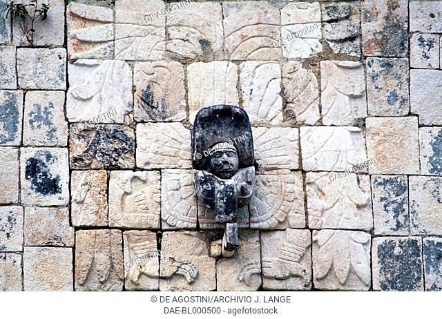 Feathered serpent and human figure, relief on the Temple of the Warriors, Chichen Itza (Unesco World Heritage List, 1988), Yucatan, Mexico