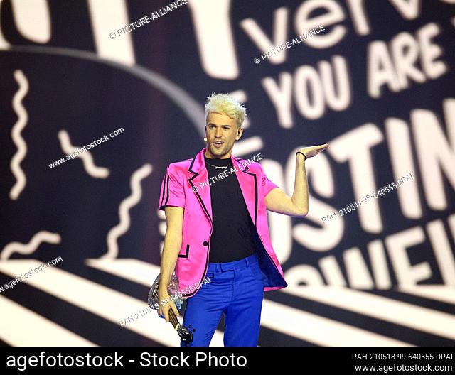 17 May 2021, Netherlands, Rotterdam: Singer and musical performer Jendrik performs during the second dress rehearsal of the first semi-final of the Eurovision...