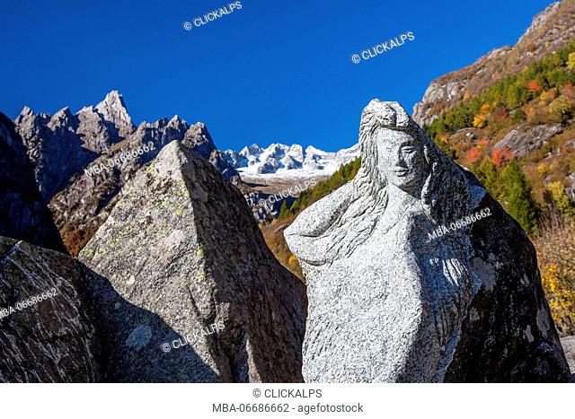 Granitic sculpture on the shores of the Masino creek, Valmasino.Valtellina Lombardy Italy Europe
