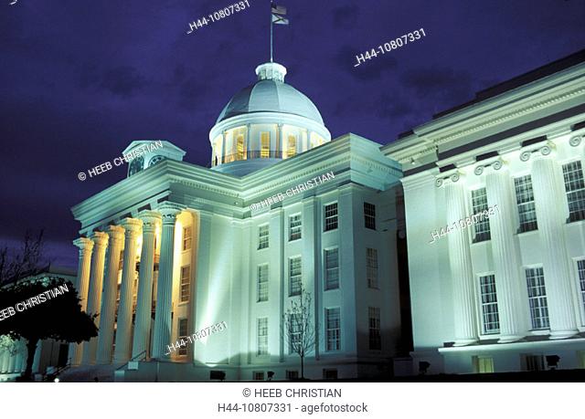 Alabama, America, Color, Colour, Montgomery, State capitol, dusk, United States, North America, USA, America