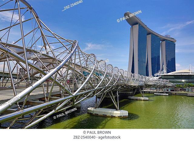 The Helix Bridge and Marina Bay Sands Hotel in Singapore, Republic of Singapore