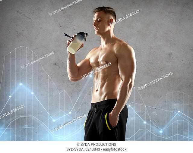 young man or bodybuilder with protein shake bottle