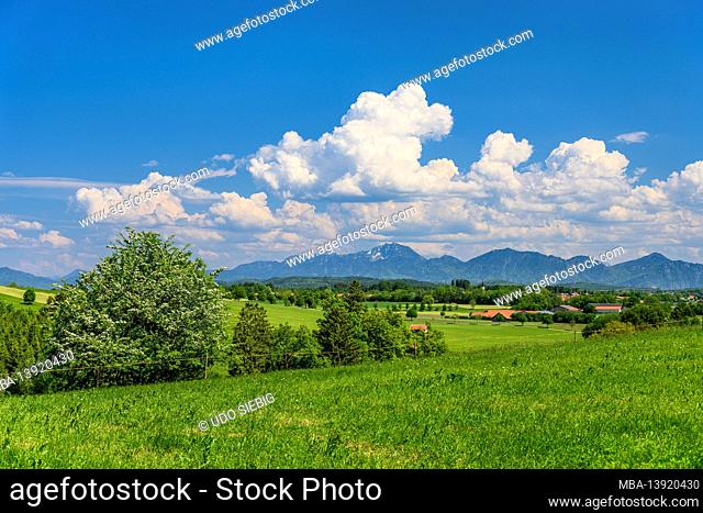 Germany, Bavaria, Upper Bavaria, Pfaffenwinkel, Eglfing, spring landscape with Obereglfing against the foothills of the Alps, view from the northwest