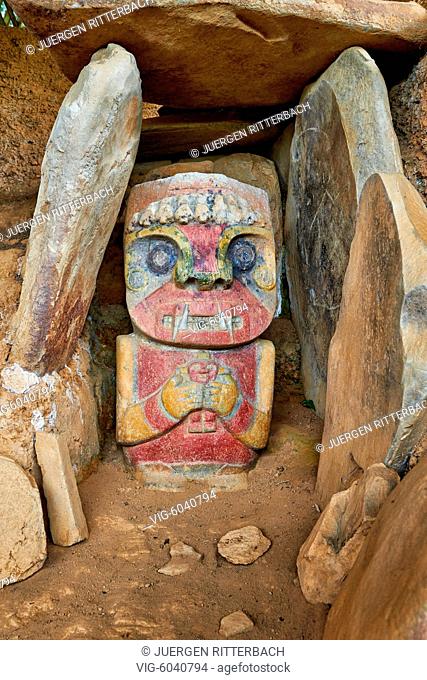 El Purutal, painted stone carved figure of an unknown pre-colombian culture near San Agustin, Colombia, South America - San Agustin, Colombia, 25/08/2017