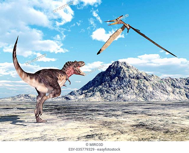 Computer generated 3D illustration with the Dinosaur Tarbosaurus and the Pterosaur Pteranodon