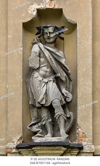 Stone statue depicting a man in ancient clothing, facade of Villa Arconati, Castellazzo di Bollate, Lombardy, Italy, 18th century