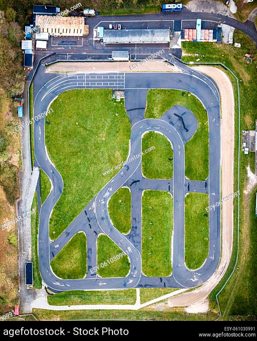 Copenhagen, Denmark - April 12, 2020: Aerial drone view of a go kart race track