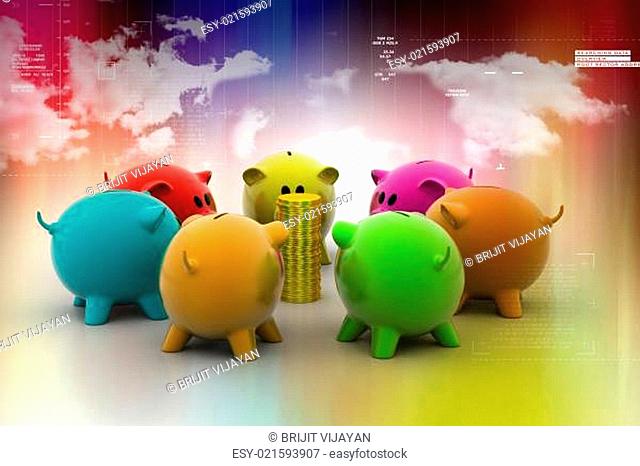 group of piggybanks around with gold coins