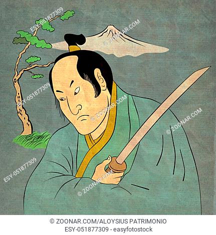 illustration of a Samurai warrior with katana sword in fighting stance with tree and mountain in background done in cartoon style Japanese wood block print