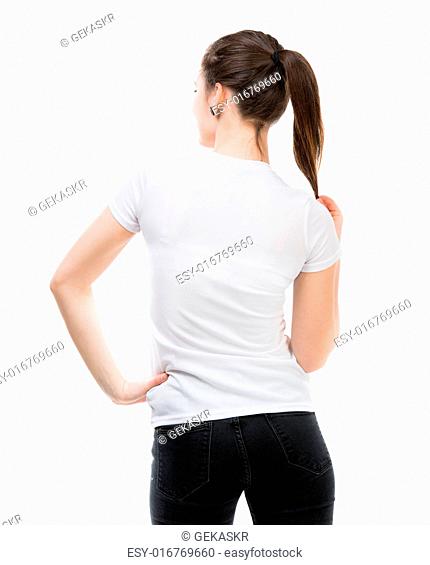 portrait of happy girl in white t-shirt and isolated on white background standing back