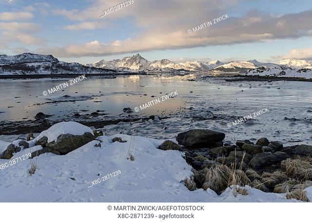 Landscape near Leknes, island Vestvagoy. The Lofoten islands in northern Norway during winter. Europe, Scandinavia, Norway, February