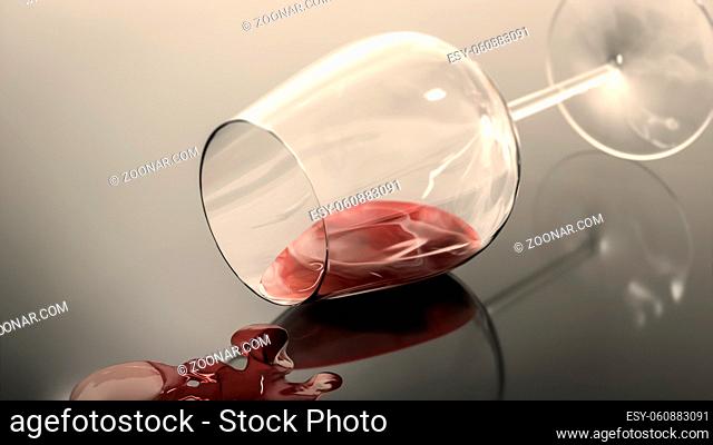 Lying wine glass with wine stains, 3D illustration