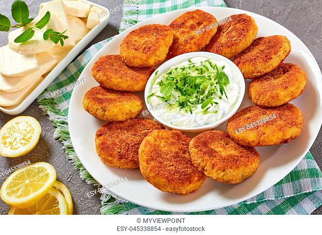 delicious crispy rice cutlets with finely chopped greens on a white platter with yogurt sauce in center and paneer cheese on a rectangular plate