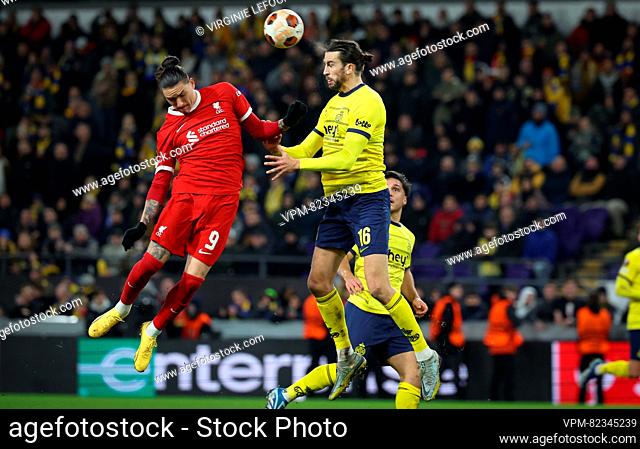 Liverpool's Darwin Nunez and Union's Christian Burgess fight for the ball during a game between Belgian soccer team Royale Union Saint Gilloise and English club...