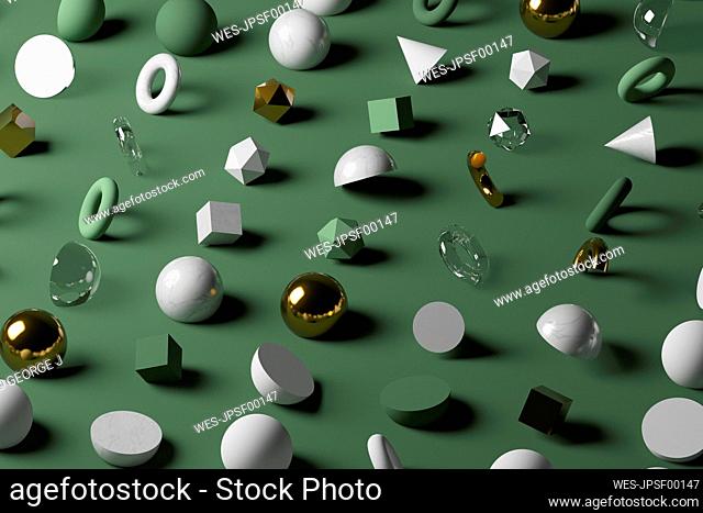 Gold, glass, marble geometric shapes against pastel green background