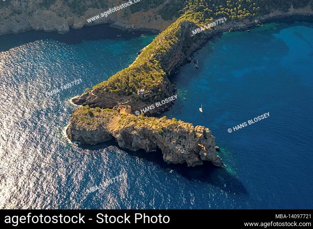 aerial view, headland punta de sa foradada with hole in the rock, sailing boats in a bay, mallorca, balearic islands, spain