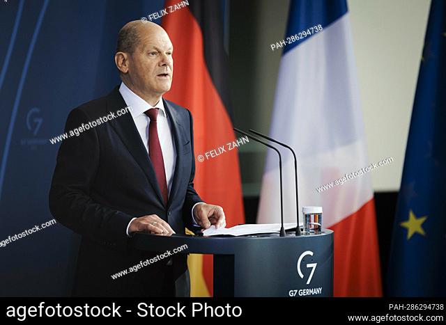 Olaf Scholz (SPD), Federal Chancellor, recorded at a press conference in the Federal Chancellery in Berlin. 05/09/2022. - Berlin/Deutschland