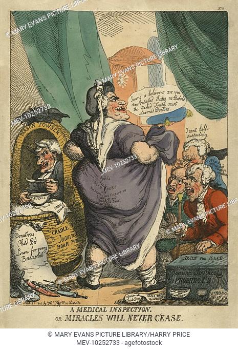 Colour illustration/cartoon, ôA medical inspection, or miracles will never ceaseö by Thomas Tegg concerning Joanna SouthcottÆs 'pregnancy' with Shiloh