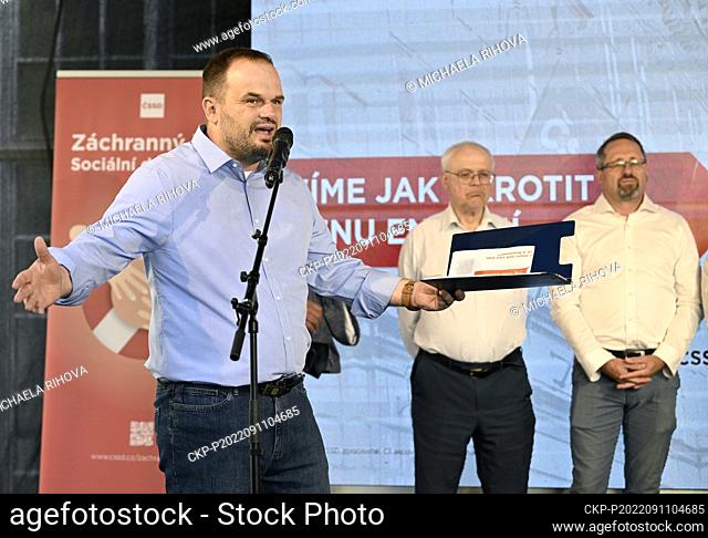 CSSD (Social Democrats) Chairman Michal Smarda, left, during launch of action part of Social Democrat (CSSD) election campaign