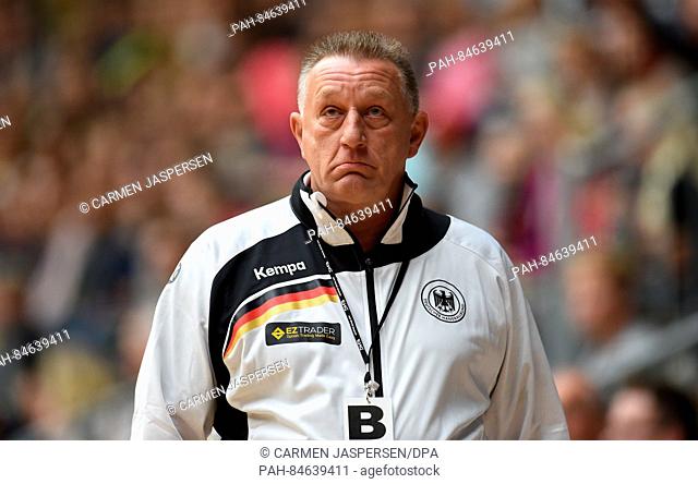 Germany's head coach Michael Biegler seen at the sidelines during the women's handball friendly match between Germany and Spain in the Emsland Arena in Lingen