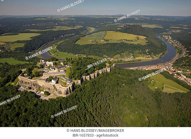 Aerial view, Koenigstein Fortress, Koenigstein, Elbtal valley, Elbe Sandstone Mountains, Saxon Switzerland district, Saxony, Germany, Europe