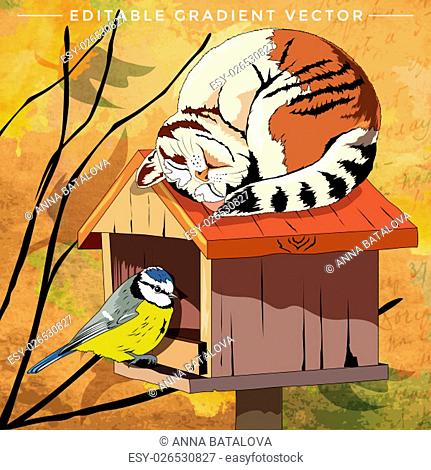 Cat and Bird. Vector illustration of a cat at home