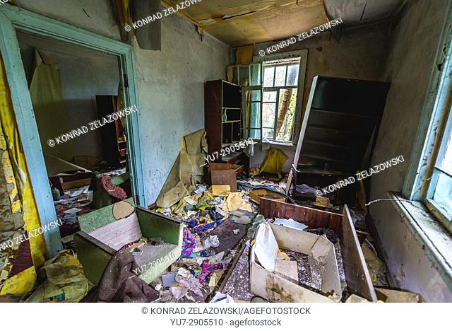 Interior of detached house in Pripyat ghost city of Chernobyl Nuclear Power Plant Zone of Alienation around nuclear reactor disaster in Ukraine
