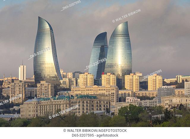 Azerbaijan, Baku, city skyline with Flame Towers form Baku Bay, dawn