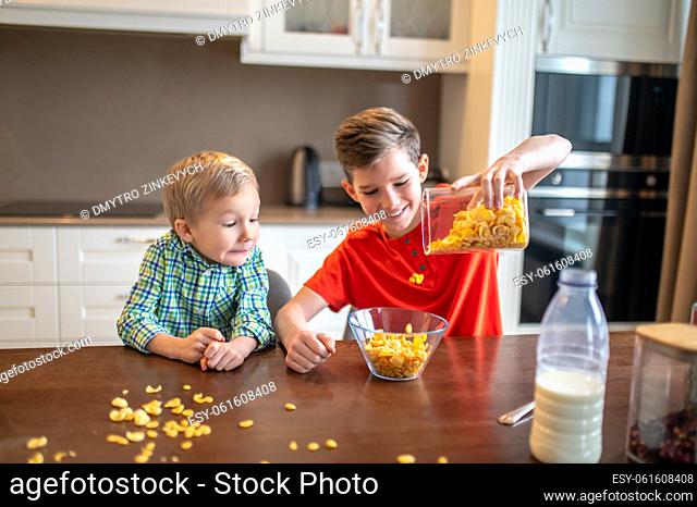 Little boy observing his elder brother filling a glass bowl with dry oat flakes