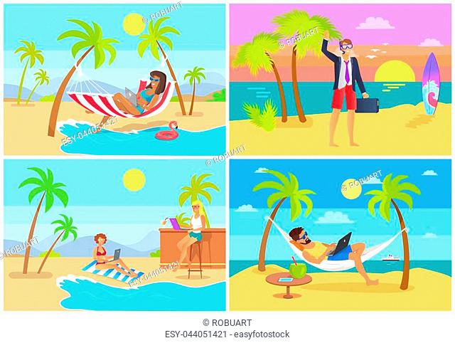 Freelancers collection at seaside, woman on hammock, man in diving mask, people resting and working with laptops, set isolated vector illustration