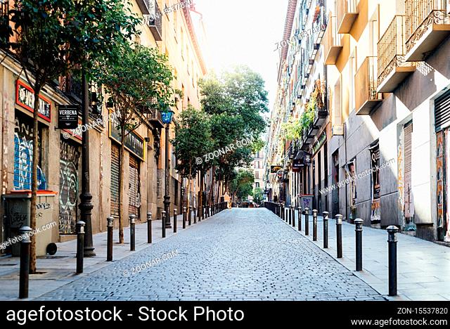 Madrid, Spain - May, 24, 2020: Empty street in Malasana during lockdown in Covid-19 pandemic , Malasana is one of the trendiest quarters of Europe