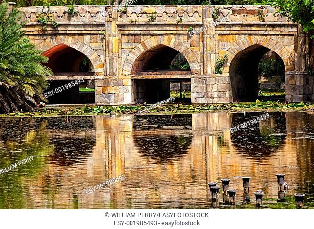 Athpula Eight Piers Stone Bridge Reflection Lodi Gardens New Delhi India 17th Century Bridge