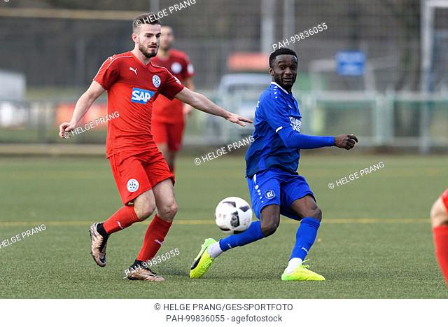 Kevin Moussa Traore (KSC) im duels with Mario Cancar (Walldorf)...GES/ Fussball/ Oberliga: Karlsruher SC 2 - FCA Walldorf 2, 18.02