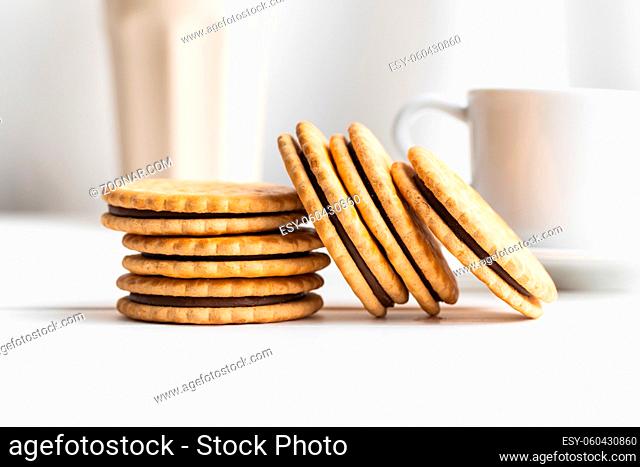 Sandwich cookies. Sweet biscuits with cream on white table