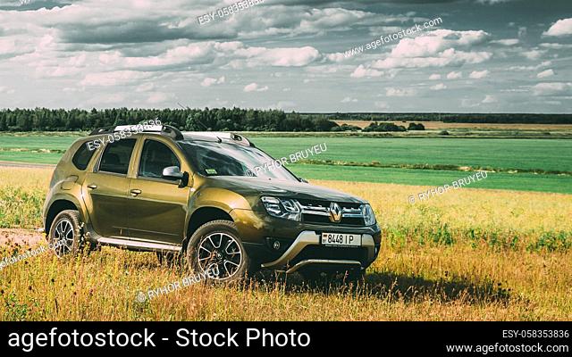 Gomel, Belarus - June 13, 2018: Renault Duster SUV in summer meadow landscape. Duster produced jointly by French manufacturer Renault and its Romanian...