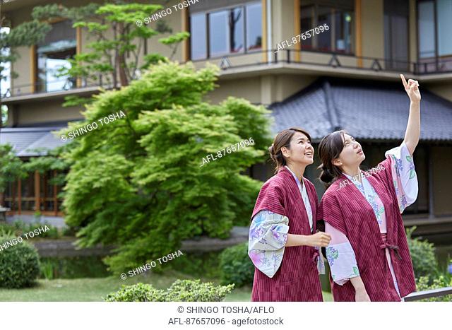 Japanese women wearing yukata at a traditional hotel