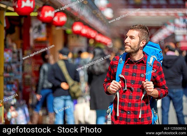 Caucasian man visiting Tokyo, Japan