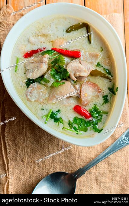 Coconut milk with chicken. Traditional thai soup